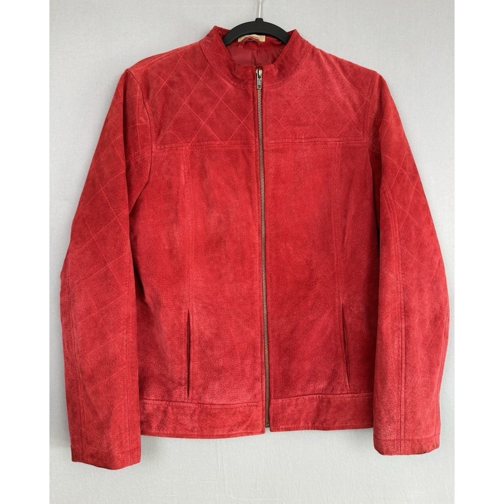 Red Suede Leather Jacket Womens Medium Full Zip Lined Basic Coat Moto Biker Y2K